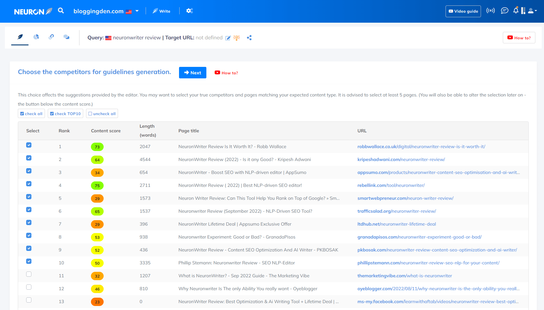 choose the competitors for guidelines generation