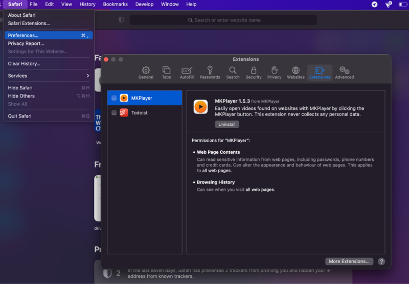 menghapus ekstensi dari safari