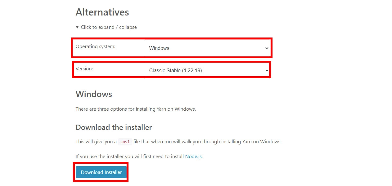 Obtendo o Yarn MSI para instalar o fio no Windows