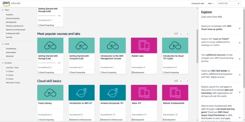 Argomenti di apprendimento trattati da AWS Educate