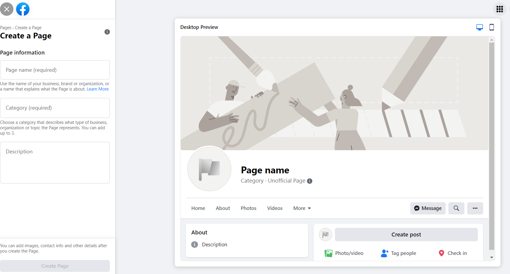 إنشاء صفحة جديدة وتخصيص ملف التعريف الخاص بك