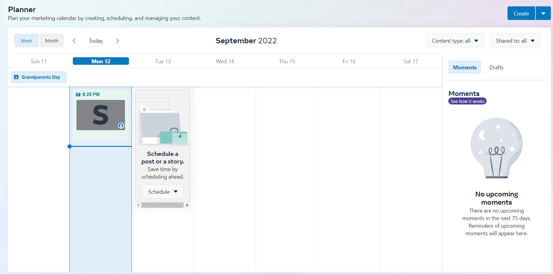 تخطيط المحتوى الخاص بك وجدولة المنشورات باستخدام Planner