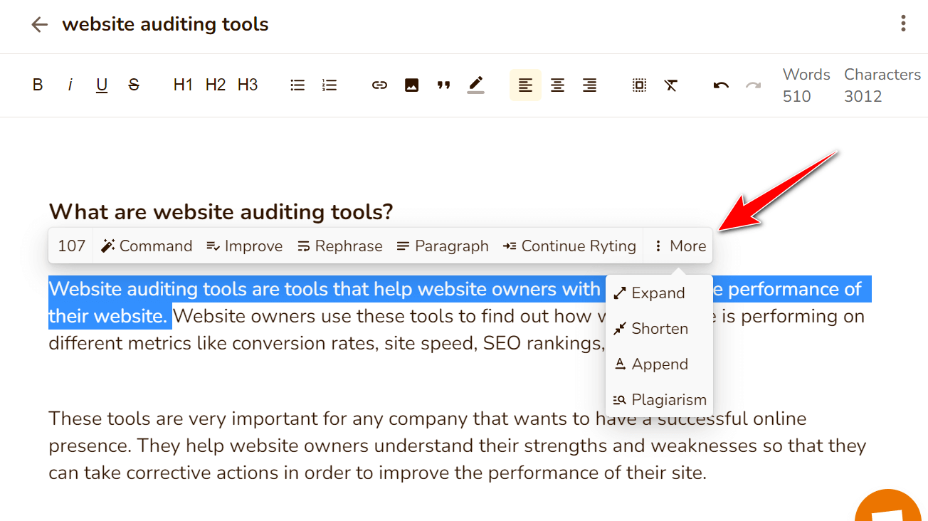 Rytr Review 2022:内容创作的最佳 AI 写作工具 6 writing tool with options menu