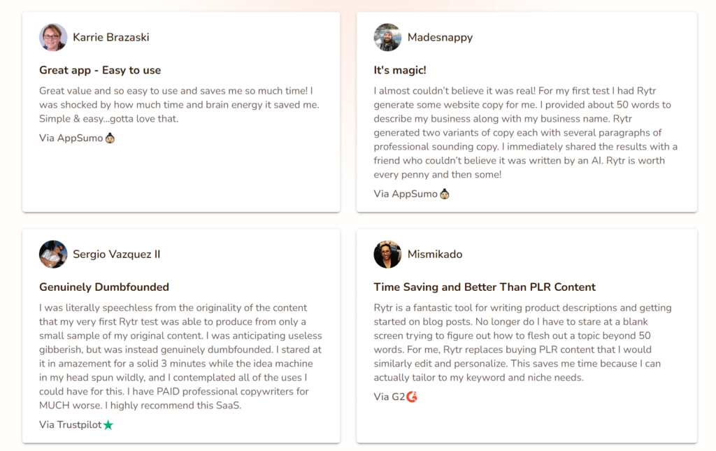 Rytr Review 2022:内容创作的最佳 AI 写作工具 26 Users testimonials on rytr