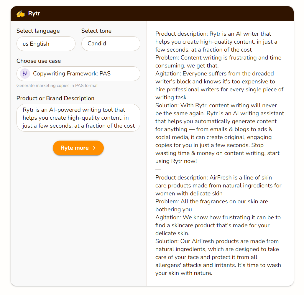 Rytr Review 2022:用于内容创建的最佳 AI 写作工具 9 rytr PAS