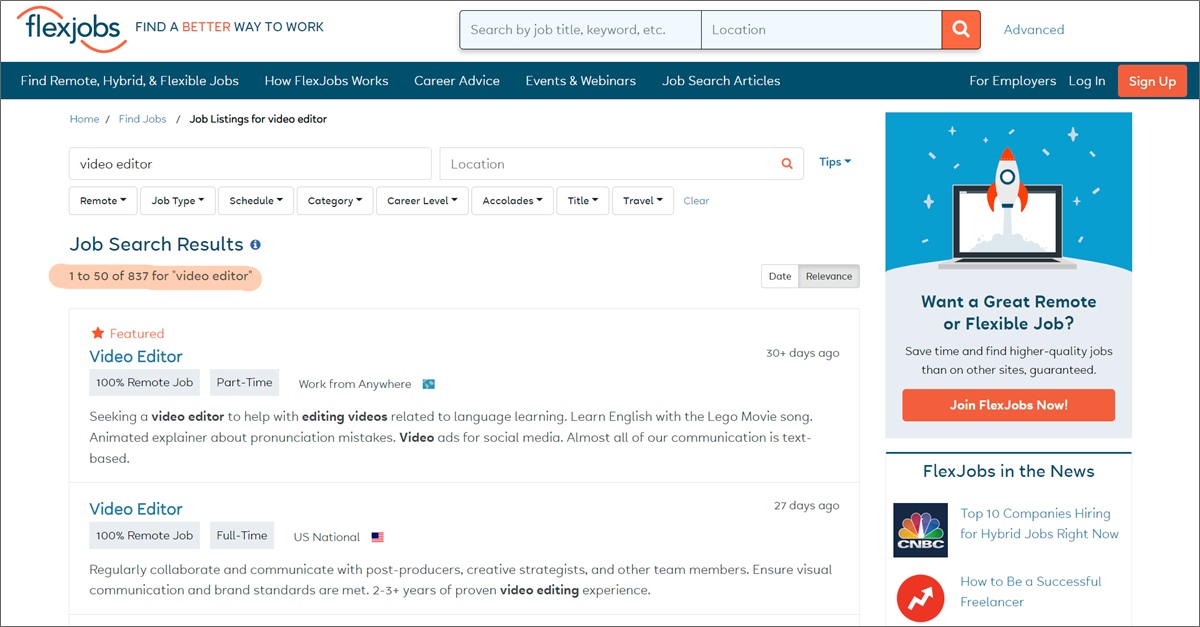 フレックスジョブのビデオ編集ジョブ.