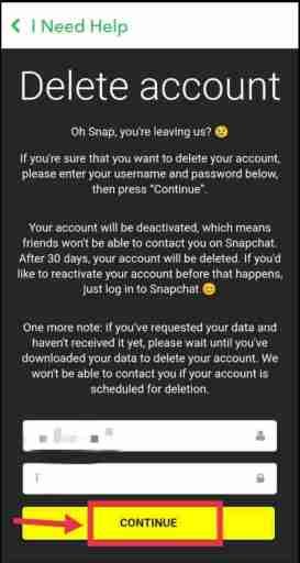 Geben Sie Ihren Benutzernamen und Ihr Passwort ein, um das Snapchat-Konto zu löschen