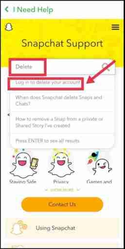 Geben Sie delete in das Suchfeld ein, um das Snapchat-Konto zu löschen