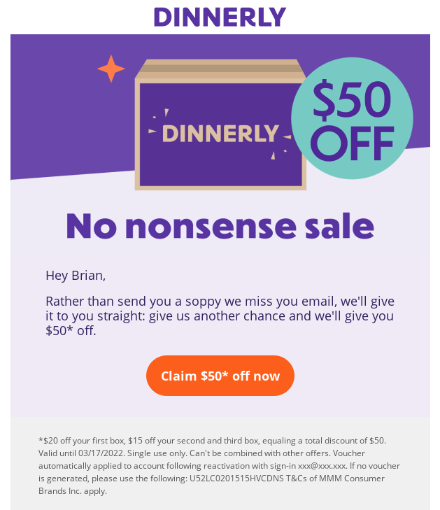 Campagna e-mail di re-engagement Dinnerly con $ 50 di sconto