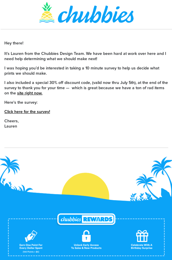 Campagna di sondaggi e-mail di Chubbies con il 30% di sconto