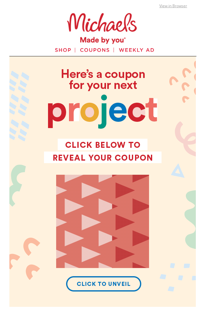 Campagna e-mail di re-engagement di Michaels con coupon misterioso