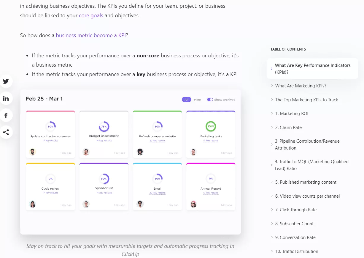클릭업 마케팅 KPI 블로그 게시물 예시