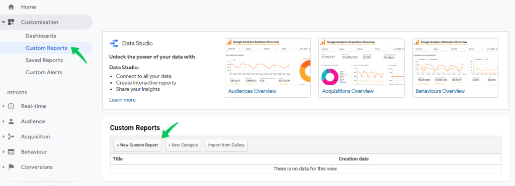 หน้าจอการปรับแต่ง Google Analytics