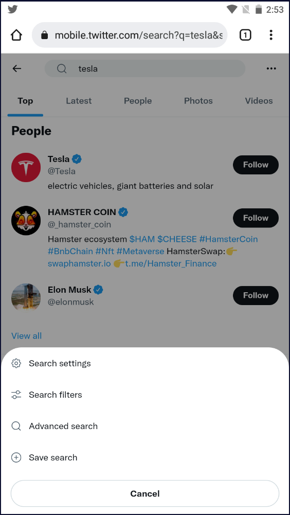 モバイルの Twitter ホームページ