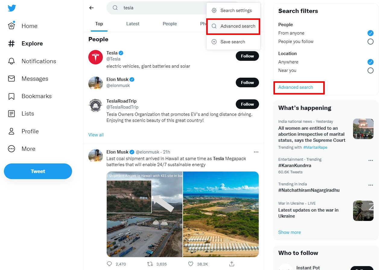 twitter アクセスオプションのさまざまな高度な検索