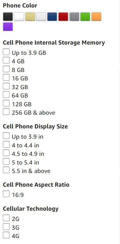 facettierte Suchoptionen für Telefone