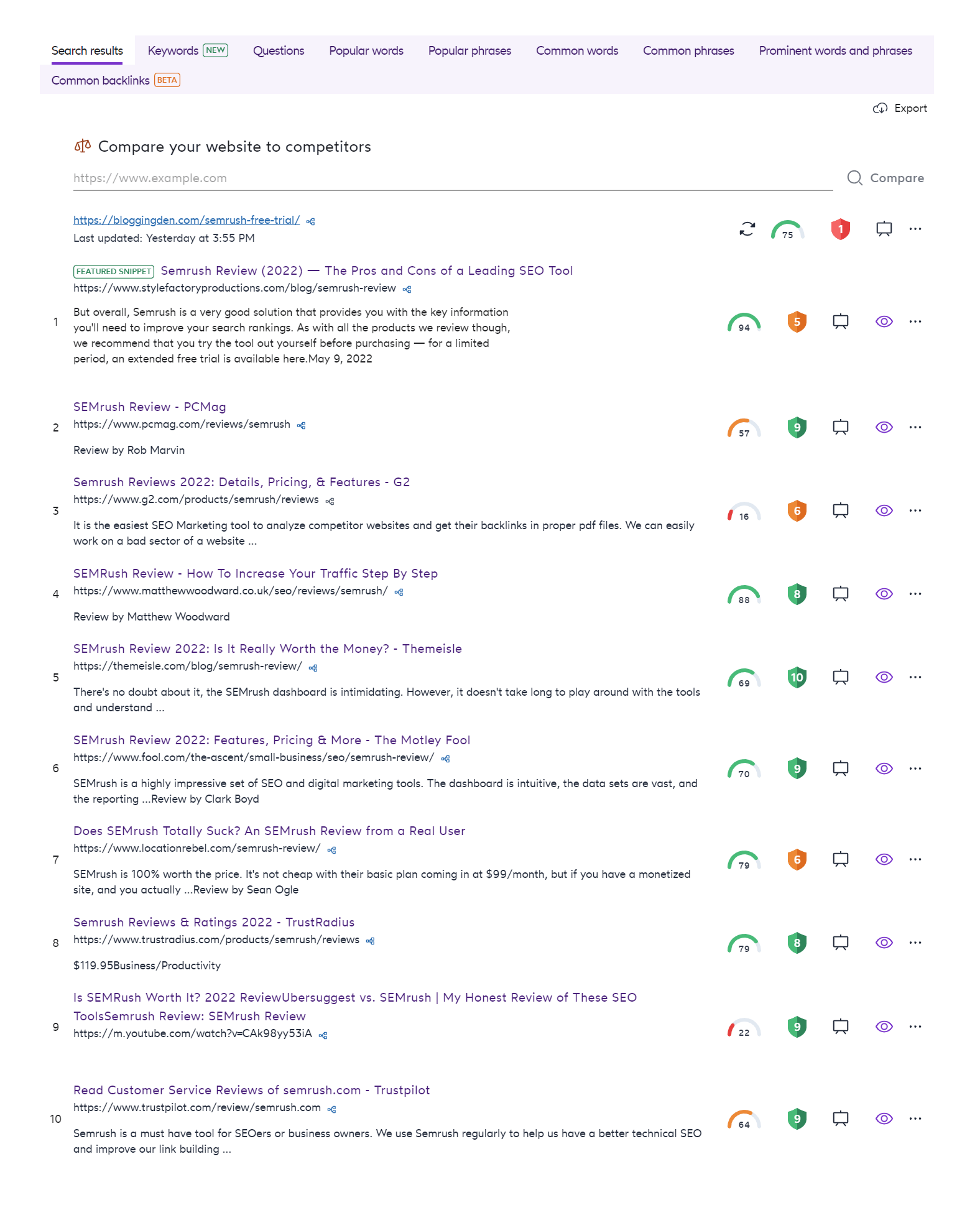 Surfer SEO Review 2022: 콘텐츠 순위 5를 위한 최고의 페이지 내 SEO 도구 및 콘텐츠 최적화 도구 SERP analyzer - search results comparision