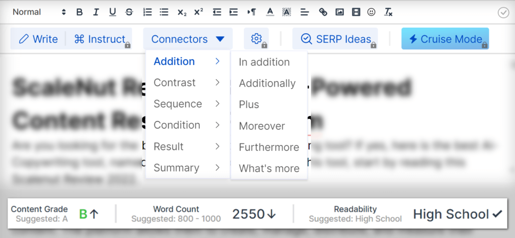 ScaleNut Review 2022:最佳 AI 寫作工具和內容研究平台 11 writing features and status bar