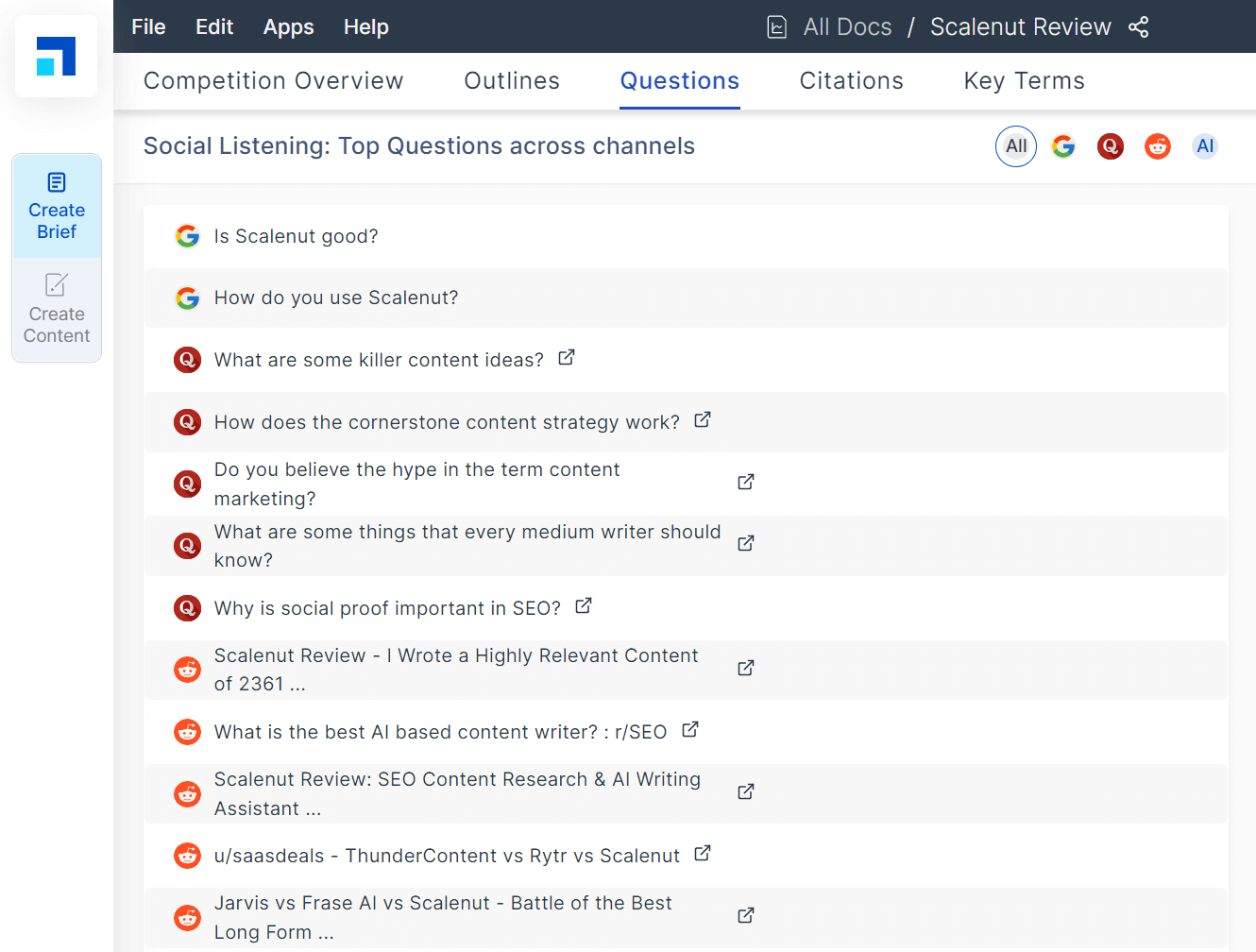 ScaleNut Review 2022:最佳 AI 寫作工具和內容研究平台 7 create brief - questions