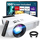 ALVAR 8000 ルーメン ミニ ポータブル プロジェクター (100 インチ スクリーン付属)、1080P 対応ムービー屋外プロジェクター、55,000 時間の LED ランプ寿命、TV スティック、HDMI、TF、および USB と互換性あり