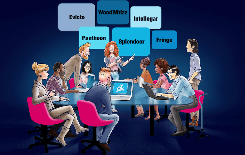 persone attorno a un tavolo che discutono di concetti di design del logo