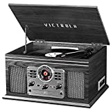 Victrola Nostalgic 6 合 1 藍牙電唱機和帶內置揚聲器的多媒體中心 - 3 速轉盤、CD 和磁帶播放器、AM/FM 收音機 |無線音樂串流 |灰色的