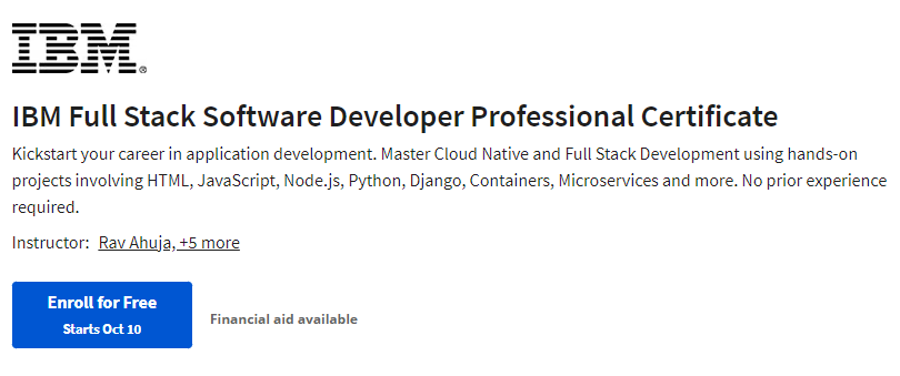Certyfikat IBM Full Stack Software Developer Professional Coursera