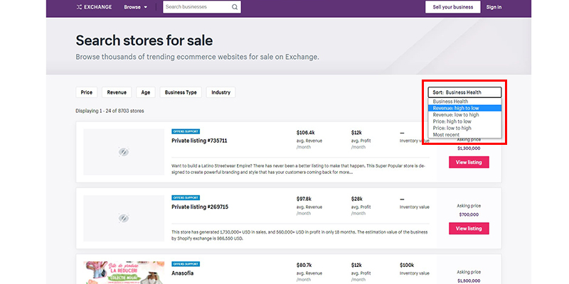 Classificar lojas no Shopify Exchange