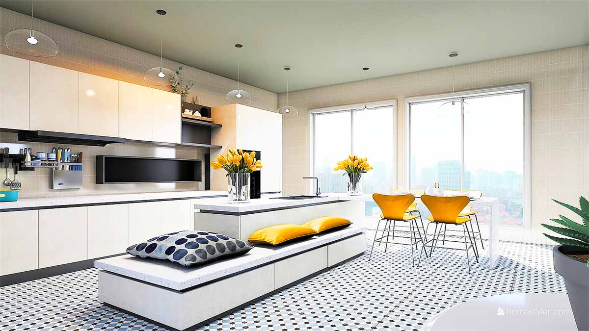 Moderne weiße Küche mit orangefarbenen und schwarzen Akzenten.