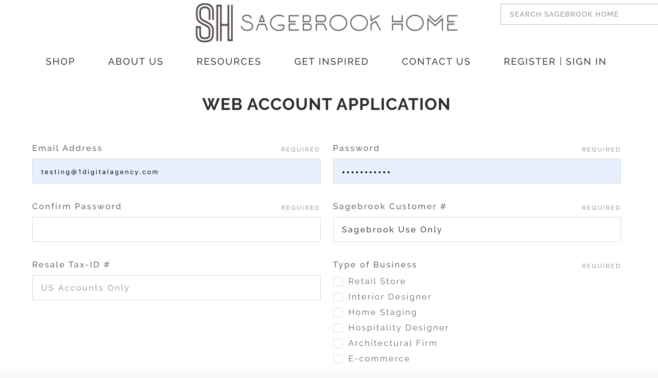 B2B eコマースの顧客アカウント フォーム