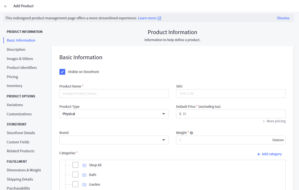 BigCommerce 製品を作成する