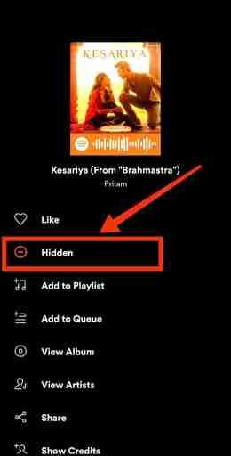 Klicken Sie auf die versteckte Option, um Songs auf Spotify einzublenden