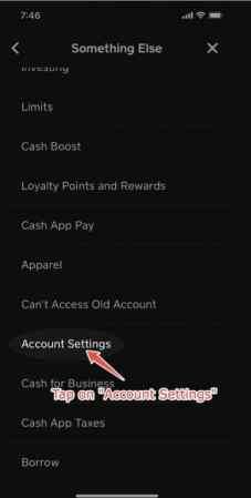 Cliquez sur l'option Paramètres du compte pour supprimer le compte de l'application cash