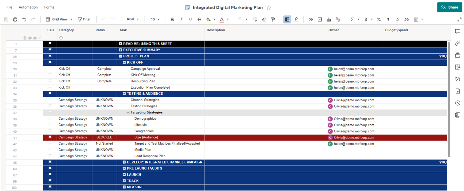 Modelo de Smartsheet de marketing digital