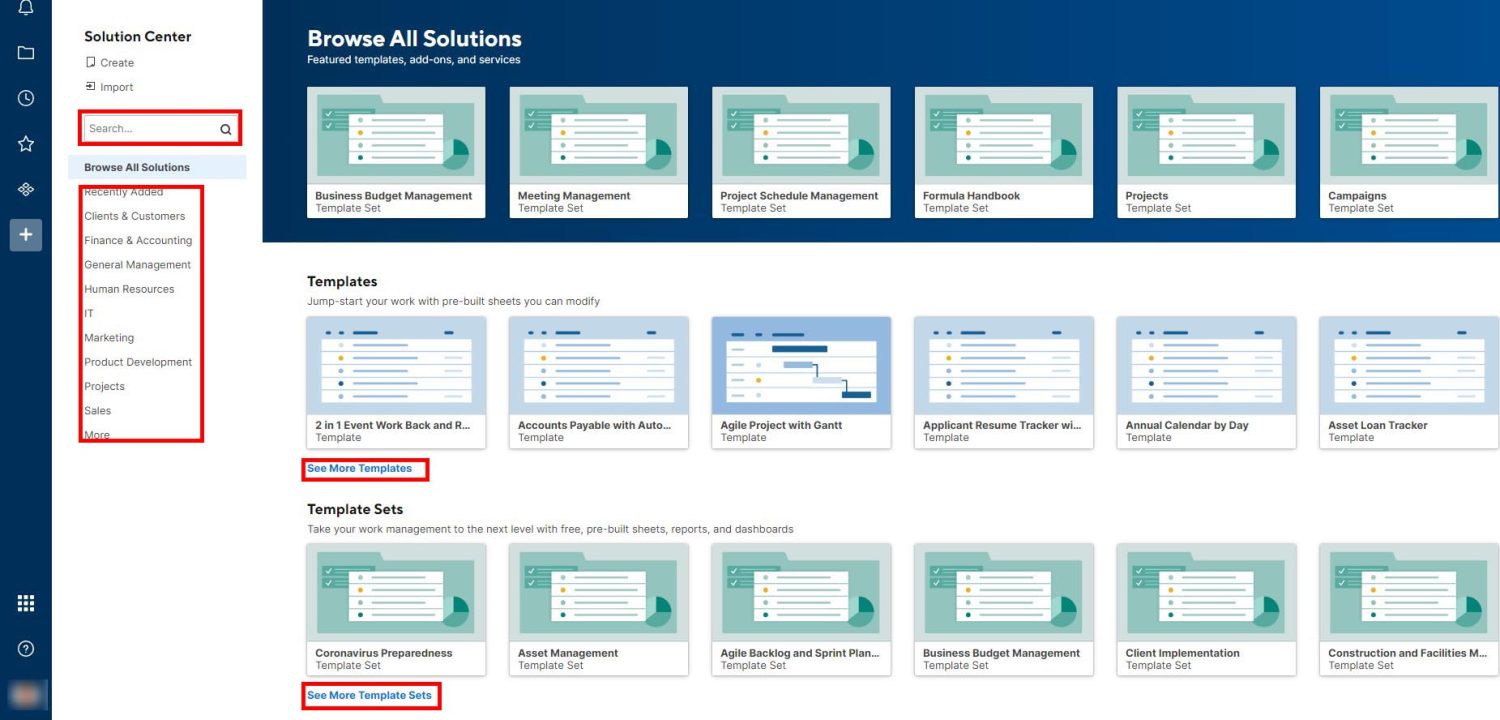 a tela Procurar todas as soluções do smartsheet