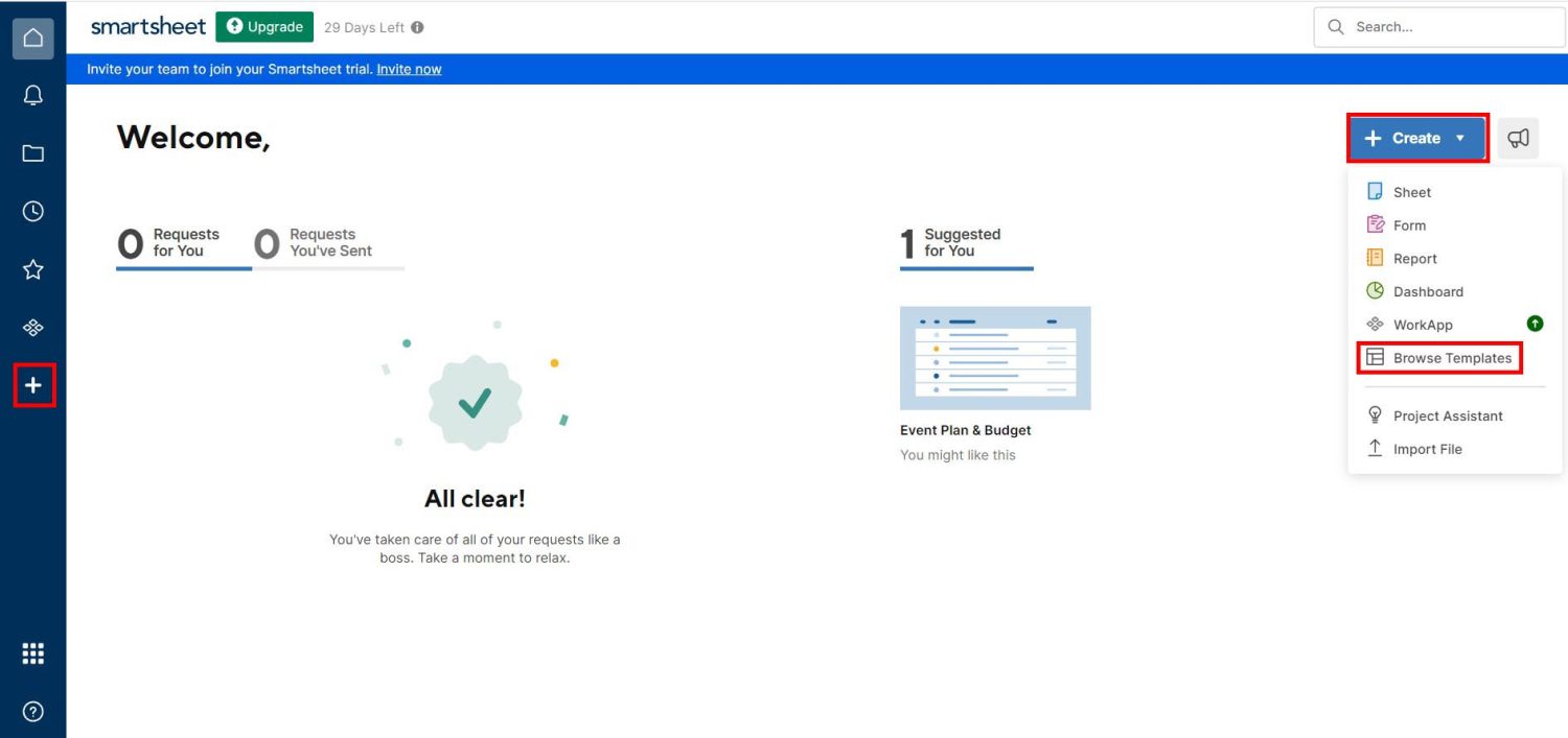 Tela inicial do Smartsheet
