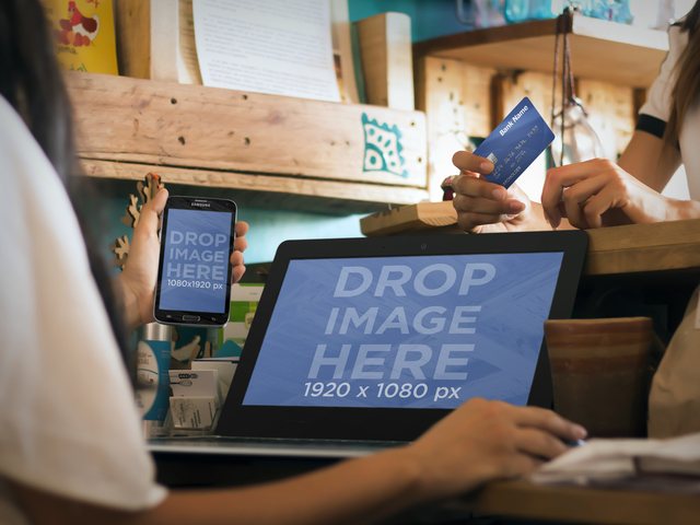 Transakcja sprzedaży w sklepie Artsy z laptopem Galaxy S5 i laptopem Asus Placeit Stage Image