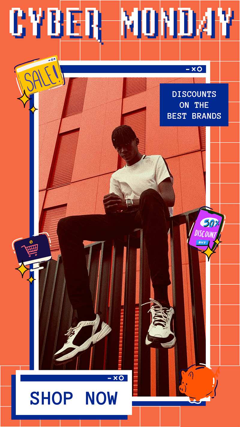 Modello di storia di Instagram per le offerte di moda del Cyber ​​Monday con adesivi per lo shopping