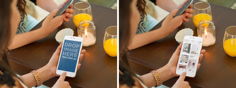 Iphone 6 Gold Mockup с девушками, болтающими во время еды вне дома