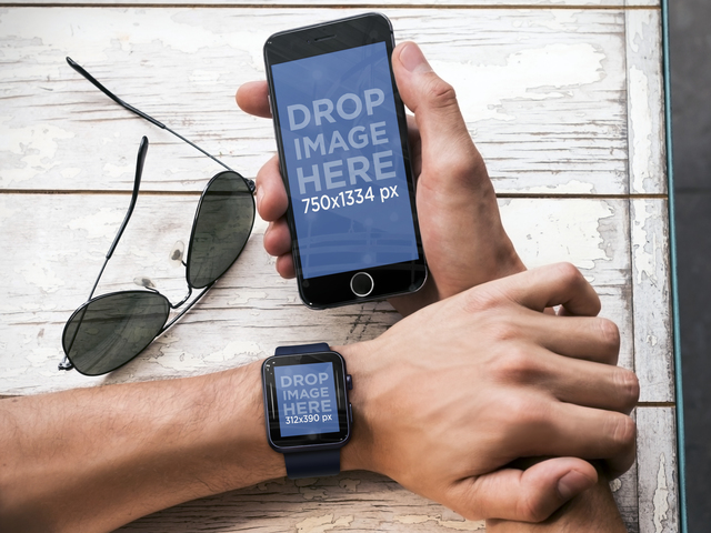 Верхний снимок мужчины с iPhone 6 и черными часами Apple Watch Placeit Stage Image