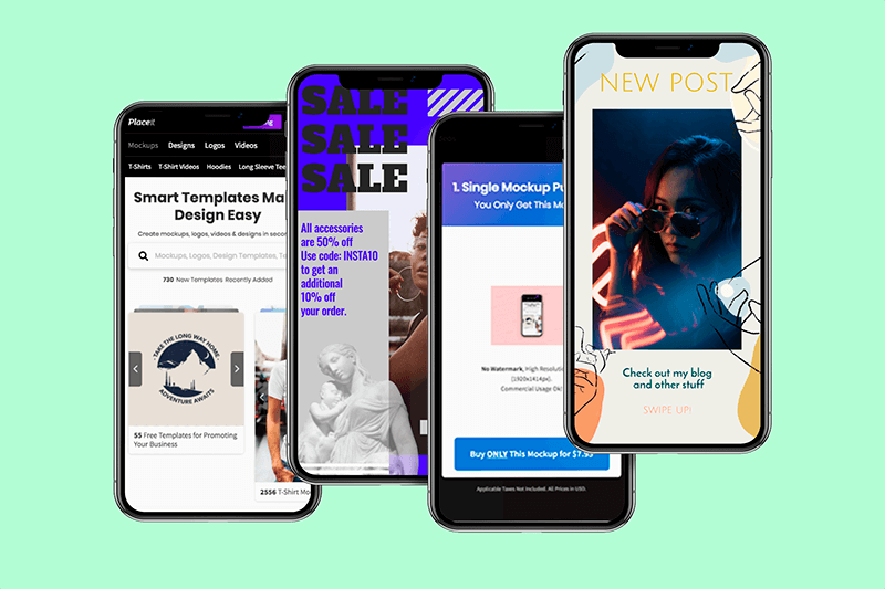 نموذج بالحجم الطبيعي لأربعة هواتف Iphone 11 Pro متداخلة تطفو في سطح قابل للتخصيص