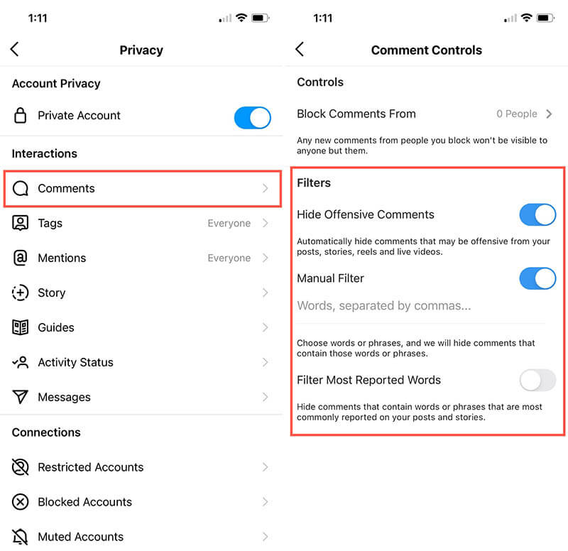 Комментарии о конфиденциальности в Instagram Обновлены оскорбительные ключевые слова