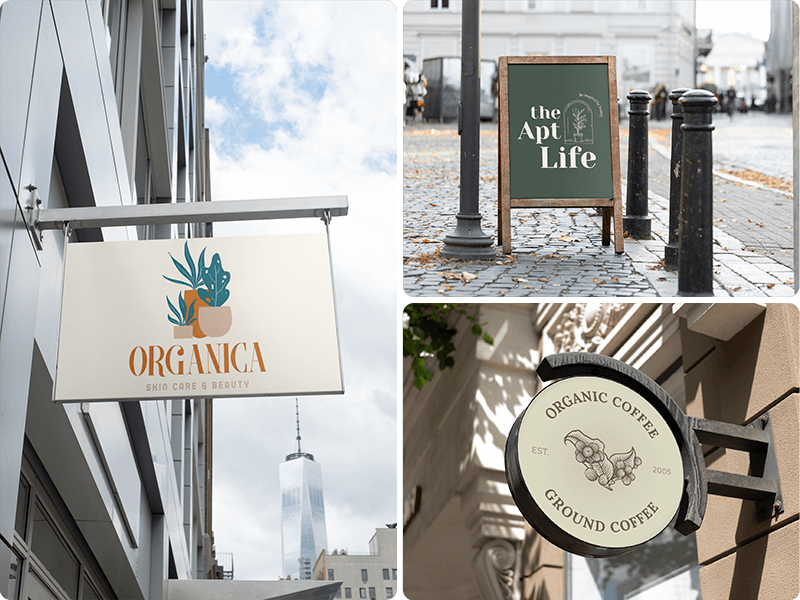 Designs de logotipo impressos em placas e banners