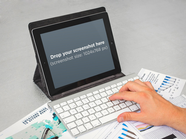 iPad auf einem Stapel Diagramme. Realistische Modelle! Placeit Bühnenbild