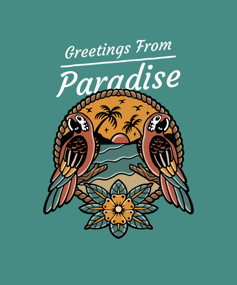 ผู้ออกแบบเสื้อยืดชายหาดพร้อมนกแก้วสองตัว