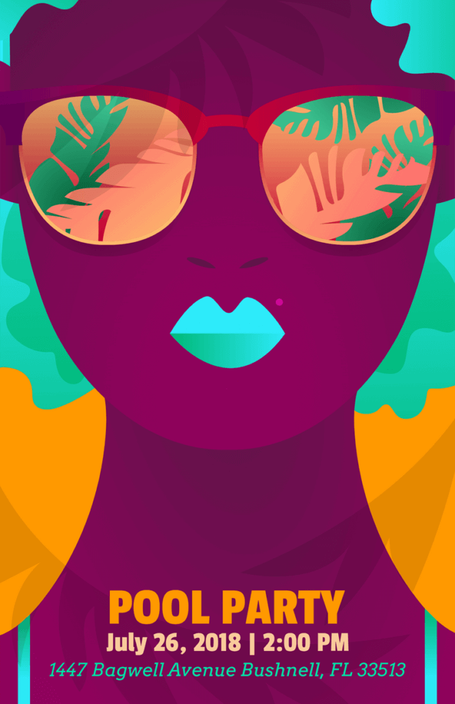 ผู้สร้างใบปลิวออนไลน์ปาร์ตี้ริมสระน้ำพร้อมเลย์เอาต์ที่มีสีสัน