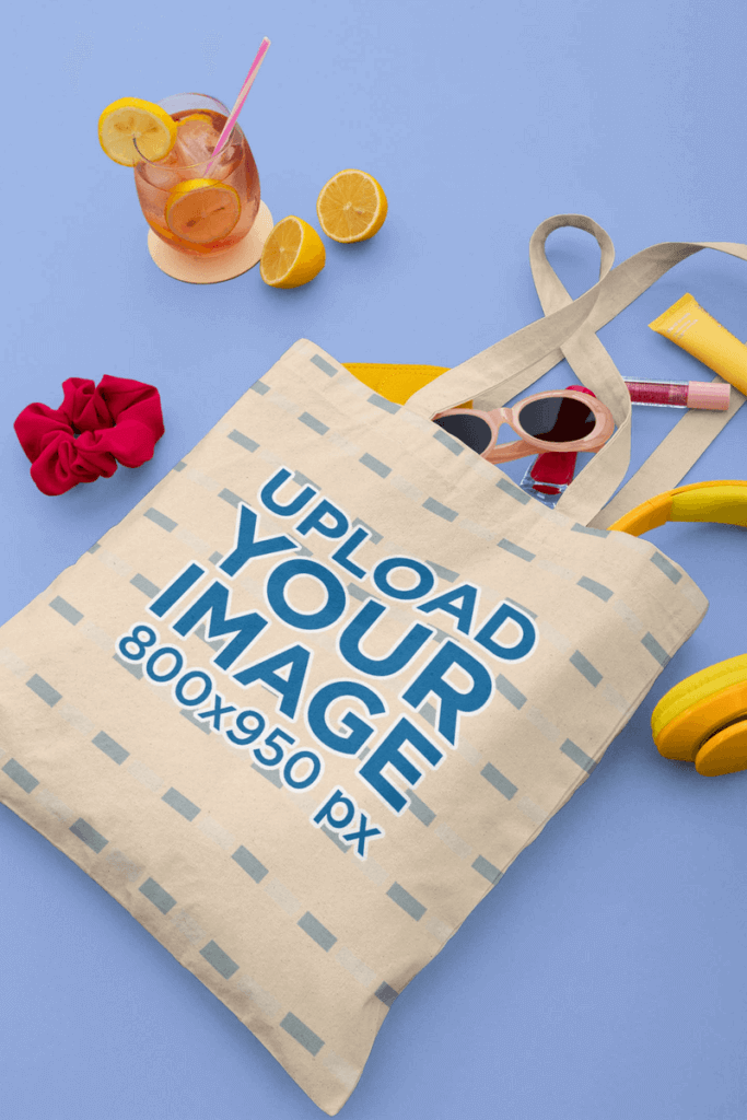 Tote Bag Mockup Flatlay พร้อมเครื่องประดับฤดูร้อน