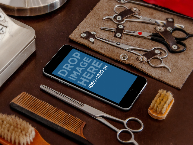 Mockup del prodotto, iPhone 6 in un negozio di barbiere Placeit Stage Image