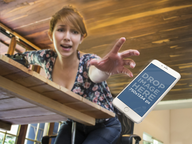 Bianco iPhone 6 Mockup di una giovane donna che lascia cadere il suo iPhone Placeit Stage Image