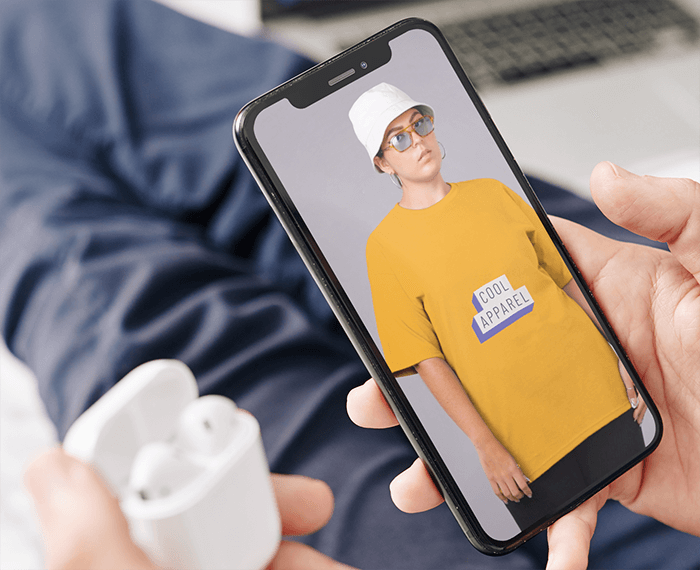 Iphone 11 Pro Mockup eines Mannes, der seine Airpods koppelt